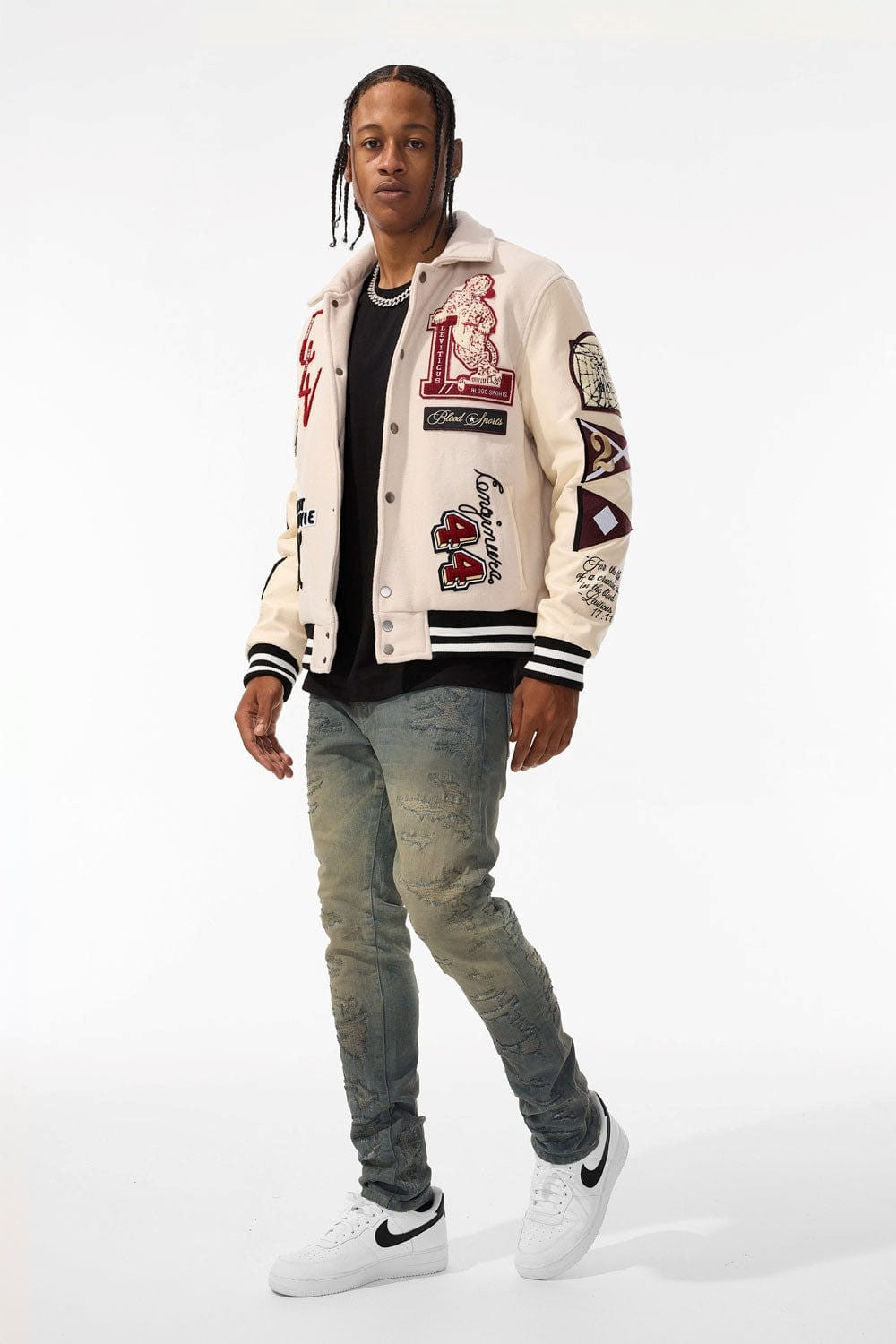 MENS JORDAN CRAIG CARPE DIEM VARSITY JACKET (BONE)