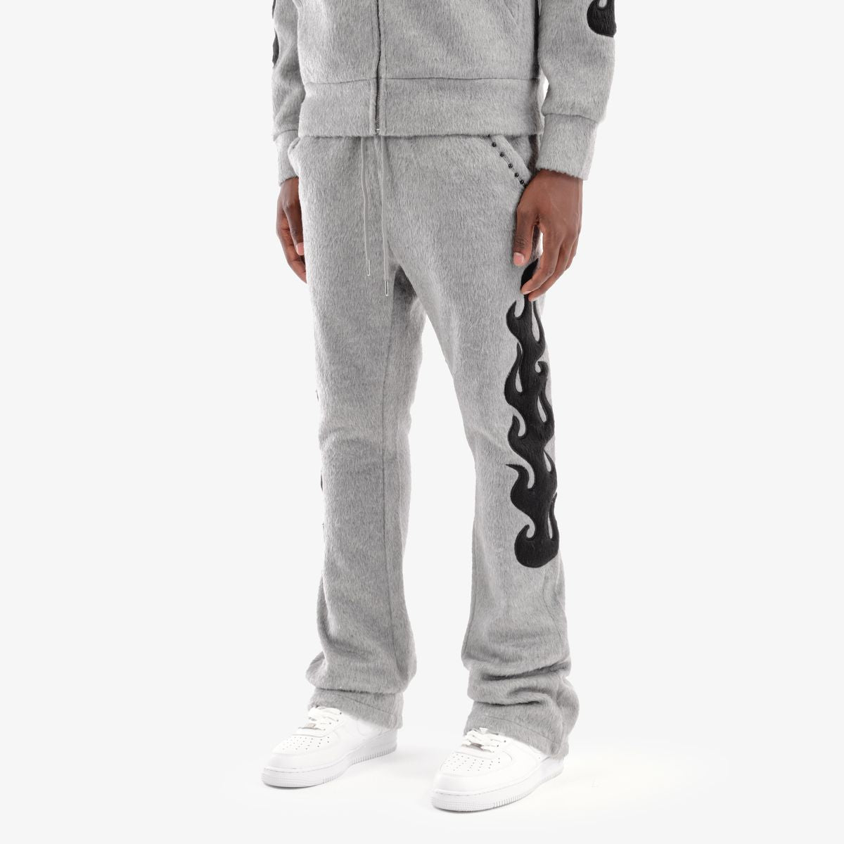 MENS COPPER RIVET MOHAIR PEARL EMBROIDERY FULL ZIP HOODED WARMUP (GREY/BLACK)