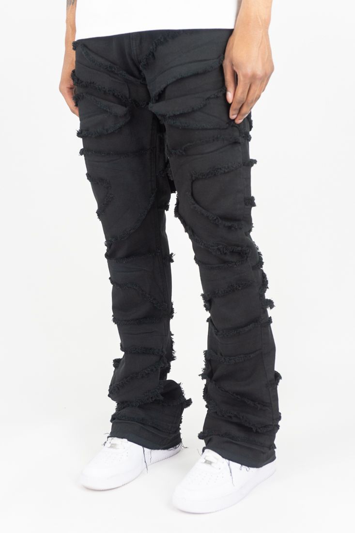 MENS ROAR DENIM RIP & FRAY STACKED DENIM/TWILL PANT (BLACK)