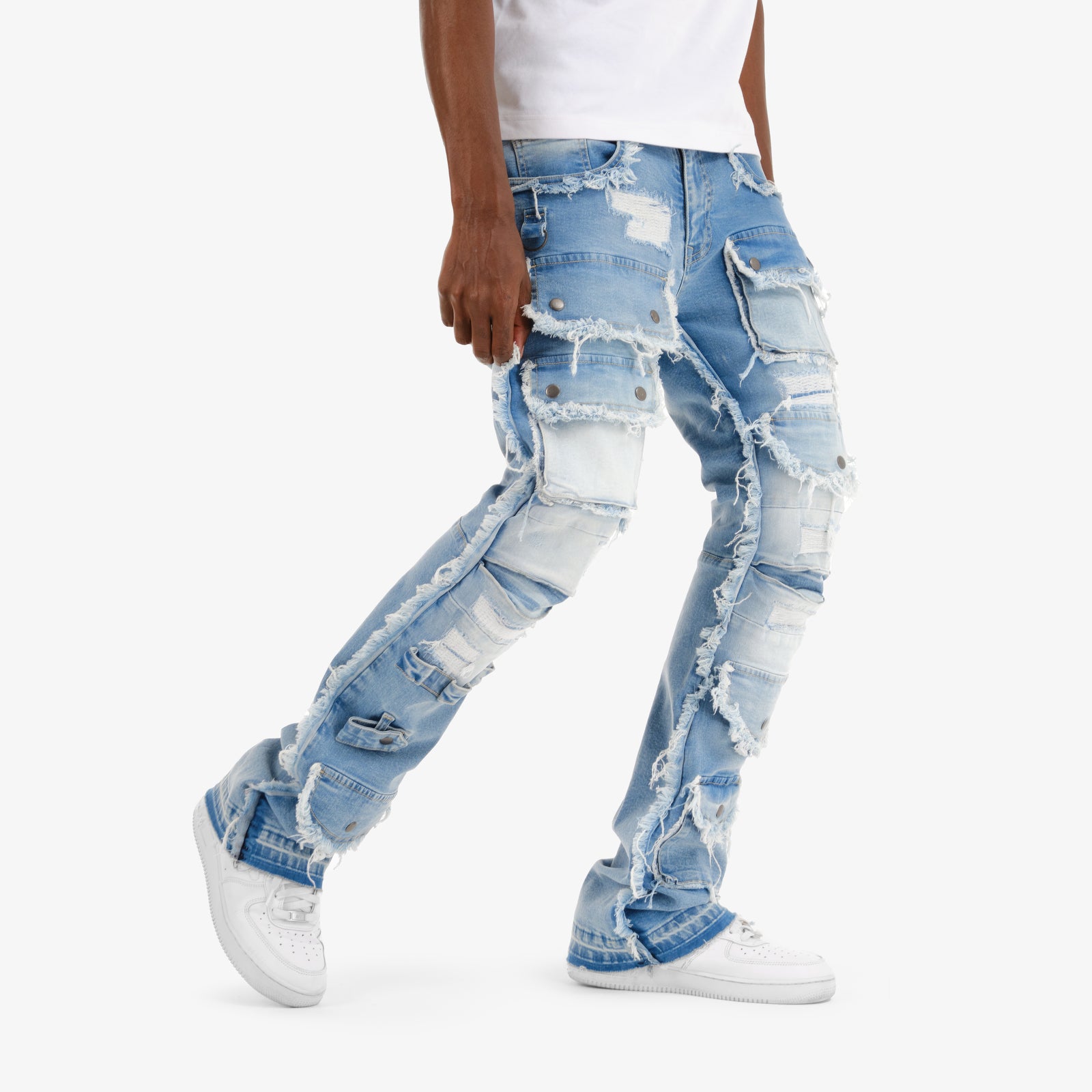 MENS COPPER RIVET MULTI CARGO STACKED DENIM (LIGHT BLUE)