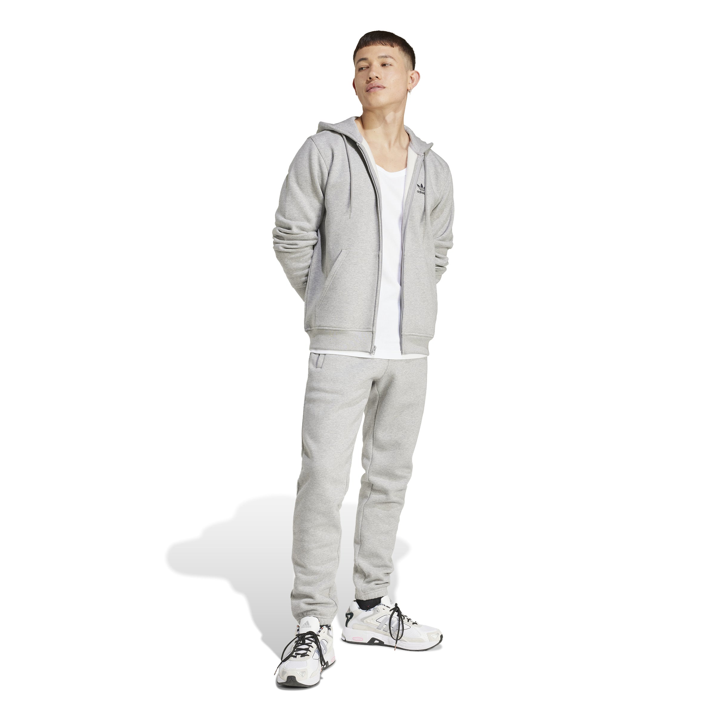 MENS ADIDAS TREFOIL ESSENTIALS FULL-ZIP HOODIE (MEDIUM GREY HEATHER)