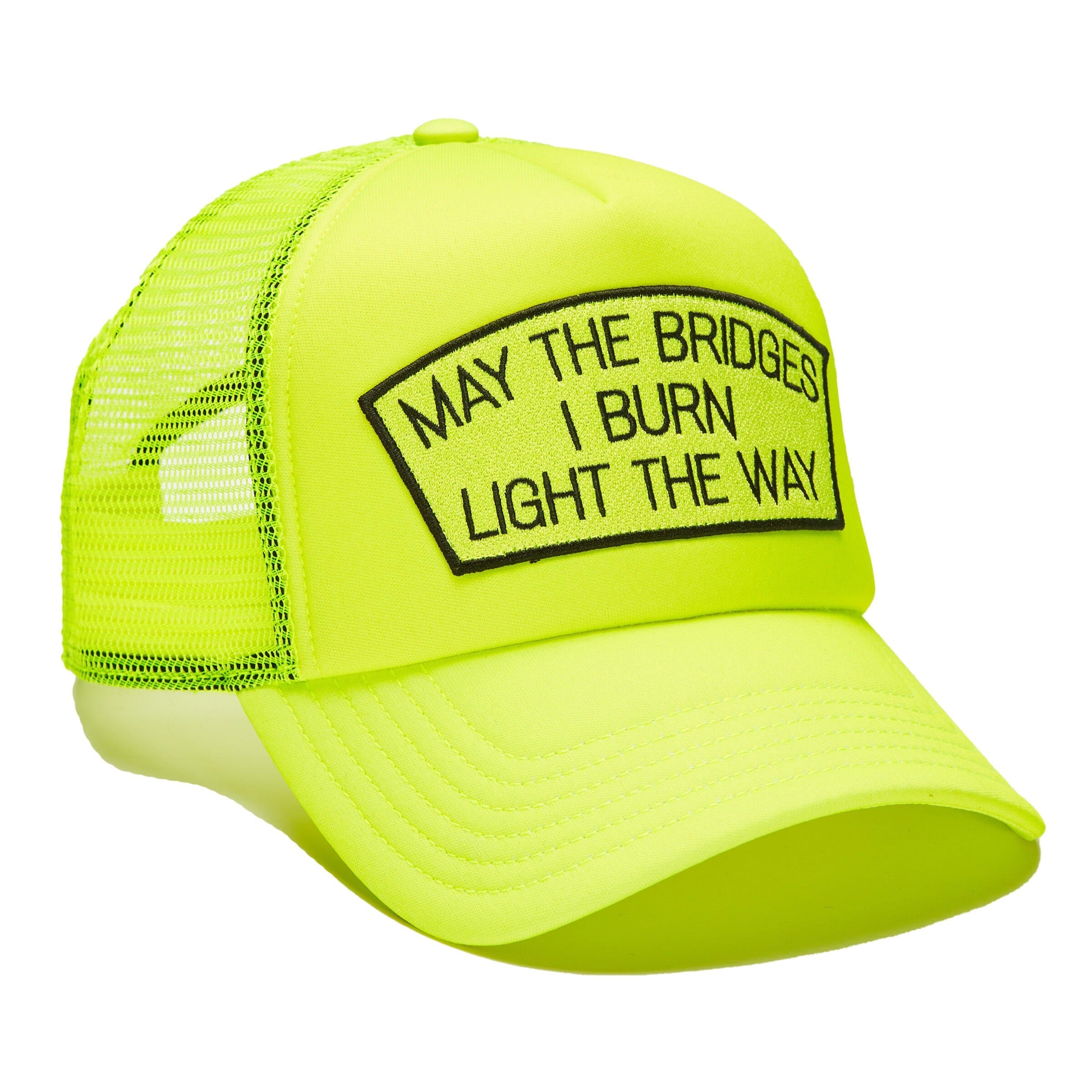"MAY THE BRIDGES I BURN" MESH TRUCKER HAT (NEON YELLOW)