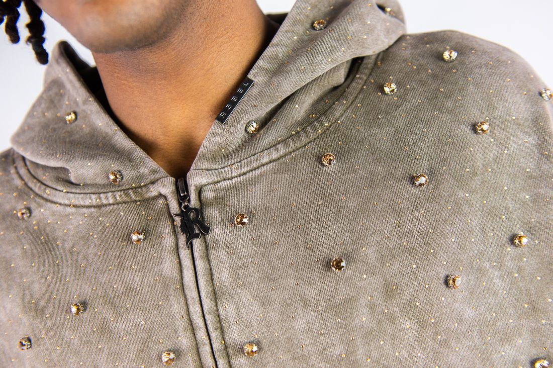 MENS R3BEL DENIM F.TERRY DIAMOND FULL-ZIP WARMUP (BROWN)