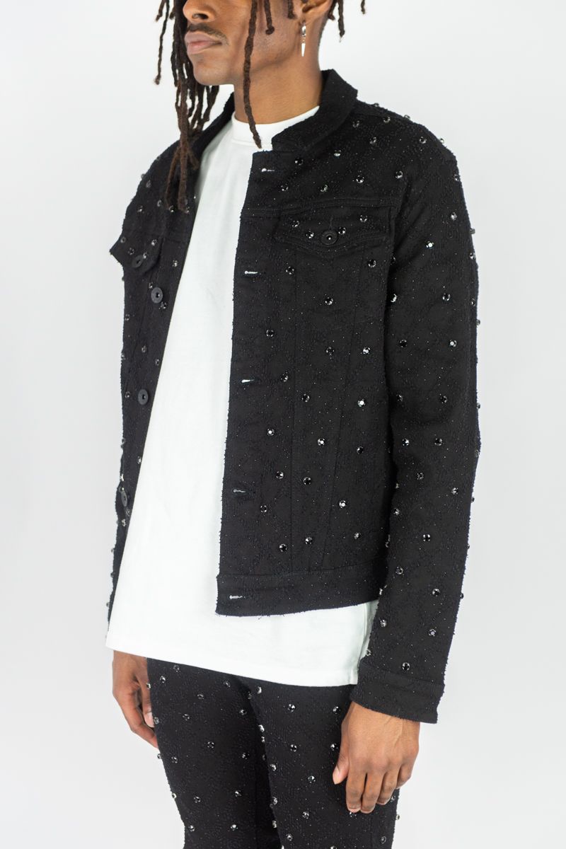 MENS R3BEL DENIM DIAMOND STUDDED TWILL JACKET (BLACK)