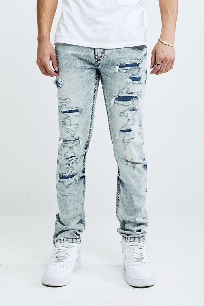 MENS THREAD THEORY ATHLETIC FIT DENIM PANTS W RIPS (LIGHT BLUE)