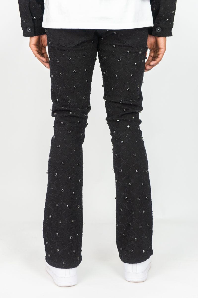 MENS R3BEL DENIM DIAMOND STUDDED STACKED FLARE (BLACK)