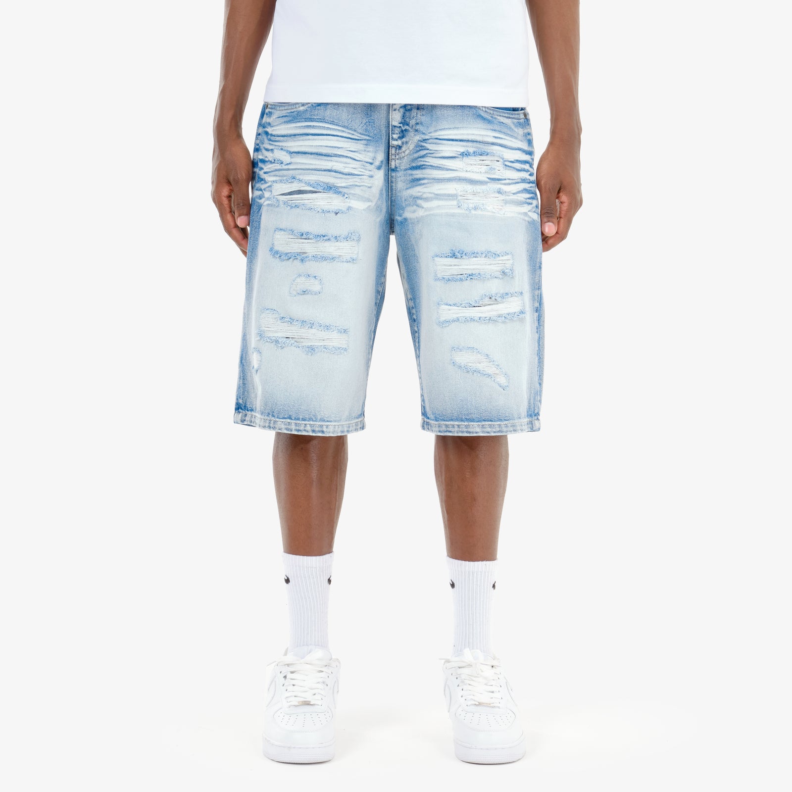 MENS COPPER RIVET RIP & REPAIR RELAXED FIT DENIM SHORT (LIGHT BLUE)