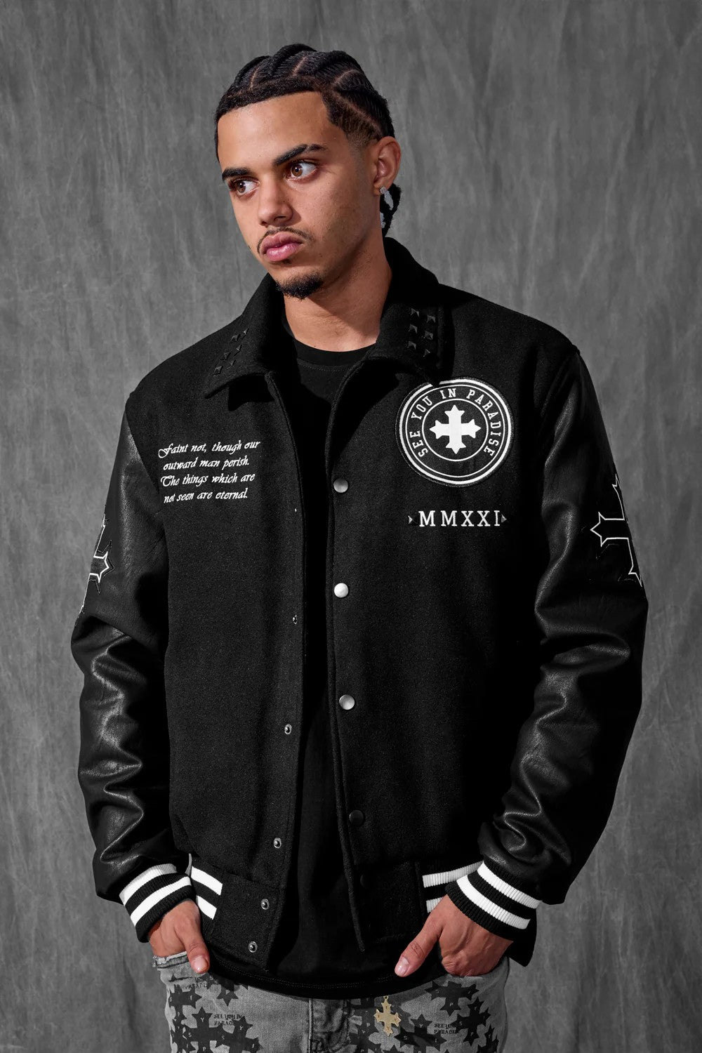 MENS JORDAN CRAIG ETERNAL VARSITY JACKET (BLACK)