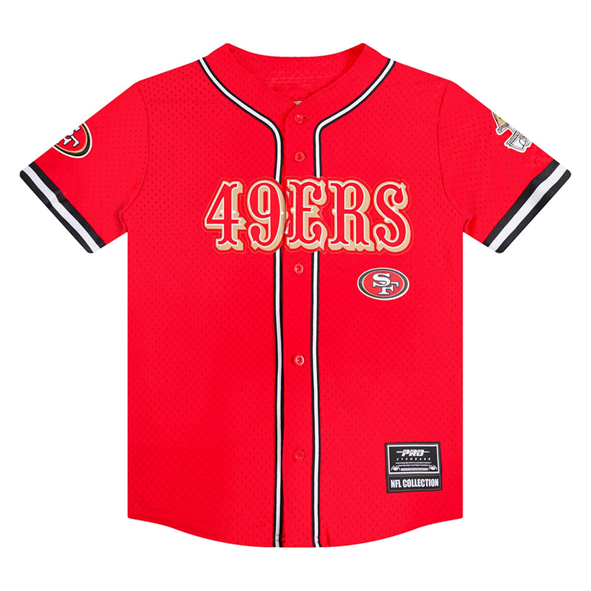 KIDS PRO STANDARD SAN FRANCISCO 49ERS CLASSIC BIG BOYS MESH BUTTON DOWN SHIRT (RED/BLACK)