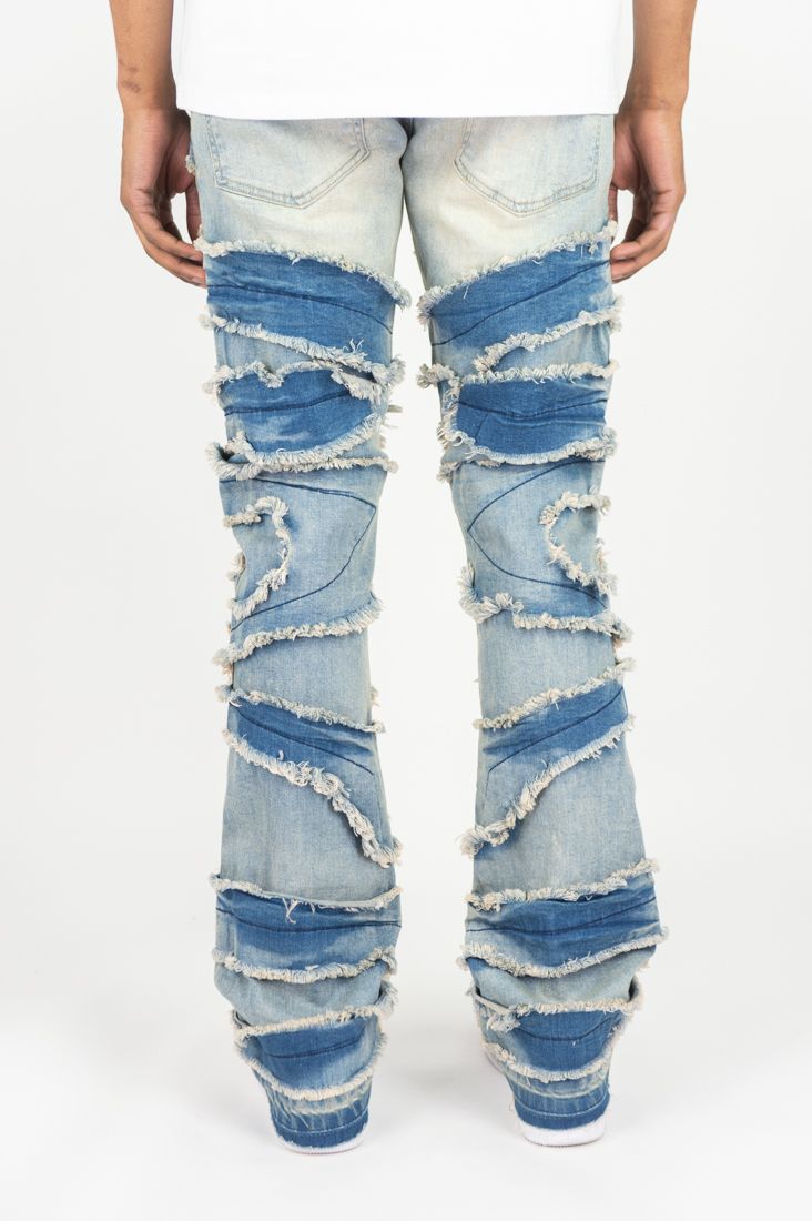 MENS ROAR DENIM RIP & FRAY STACKED DENIM/TWILL PANT (MEDIUM INDIGO)