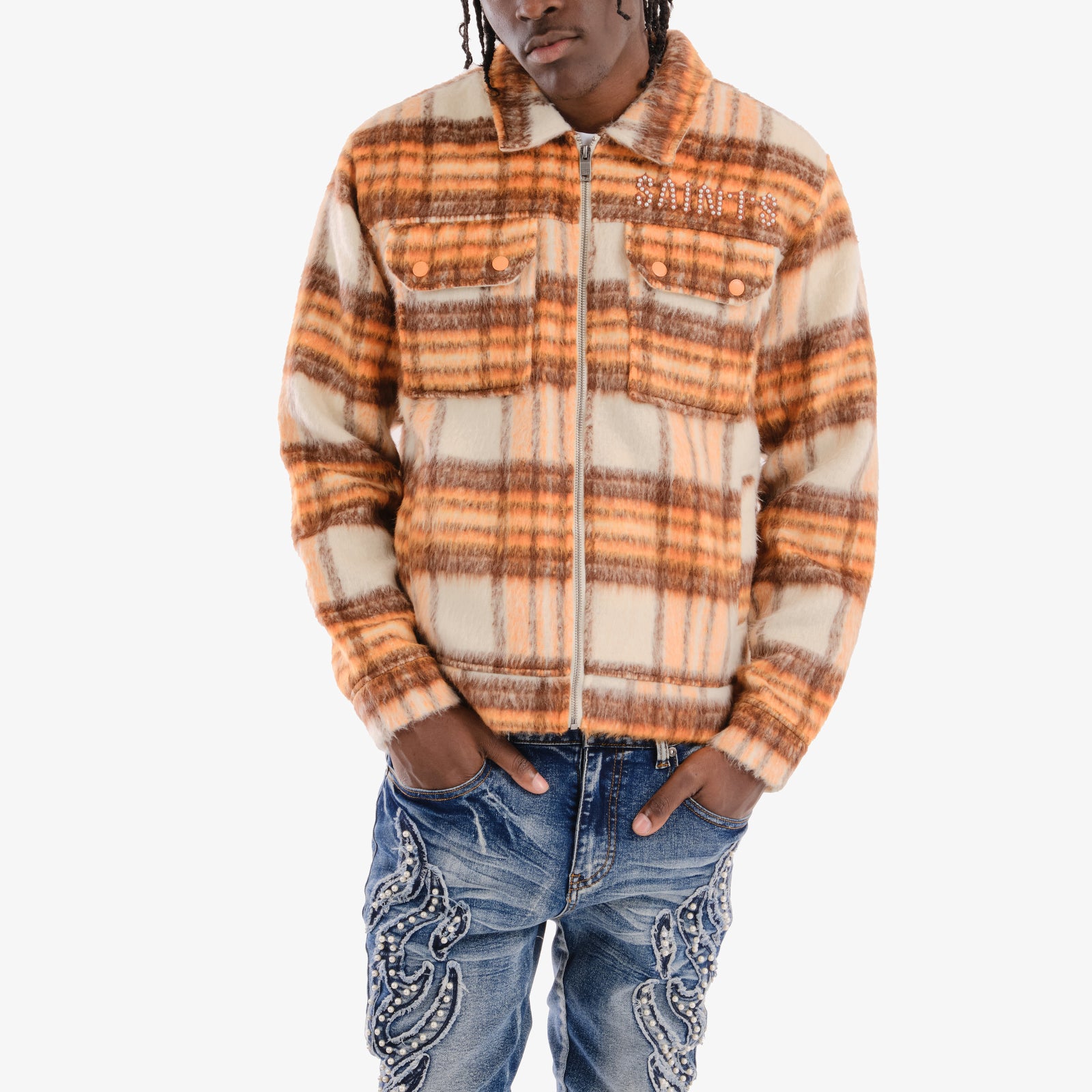 MENS COPPER RIVET BRUSHED FLANNEL JACKET WITH PEARL EMBROIDERY (ORANGE)