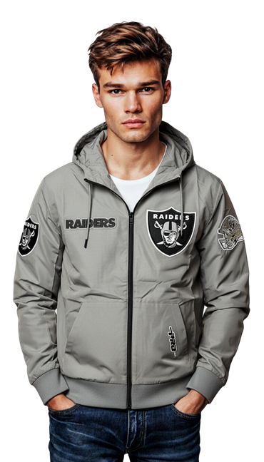 MENS PRO STANDARD LAS VEGAS RAIDERS CLASSIC WIND SUIT WOVEN FULL ZIP PULLOVER HOODIE (GREY)