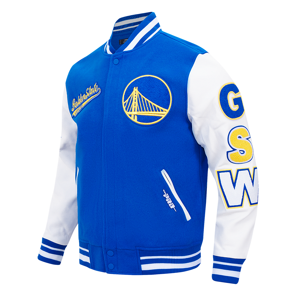 MENS GOLDEN STATE WARRIORS SCRIPT TAIL RIB WOOL VARSITY JACKET (ROYAL BLUE/WHITE)