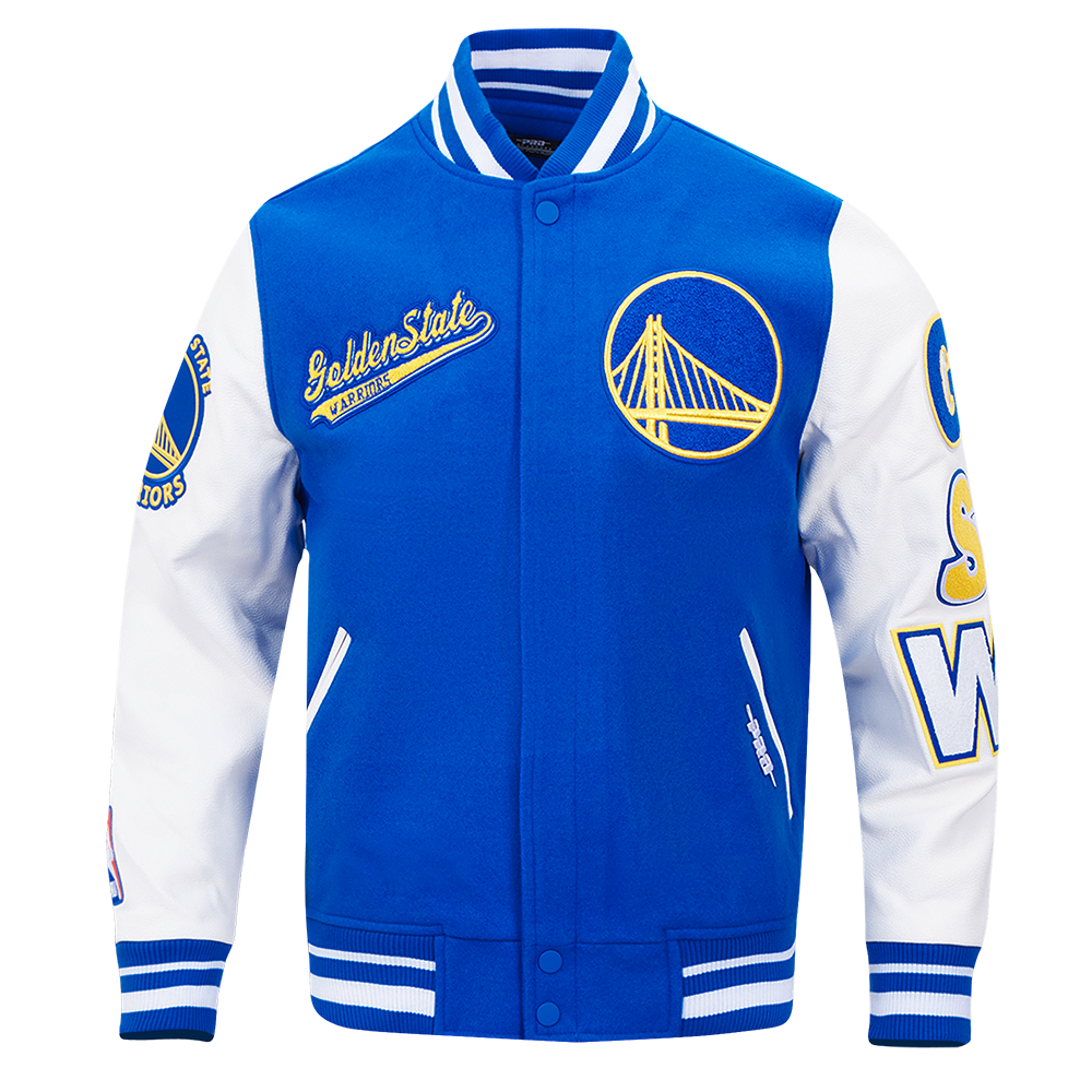 MENS GOLDEN STATE WARRIORS SCRIPT TAIL RIB WOOL VARSITY JACKET (ROYAL BLUE/WHITE)