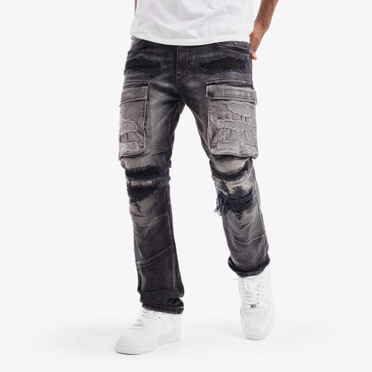 MENS COPPER RIVET SLIM FIT RIP AND REPAIR CARGO DENIM (BLACK SAND)