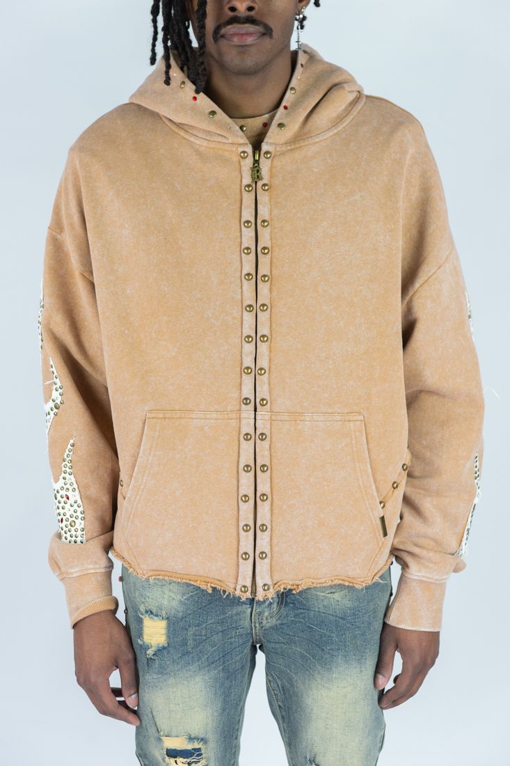 MENS R3BEL DENIM FIREFEST FULLZIP HOODIE (KHAKI)