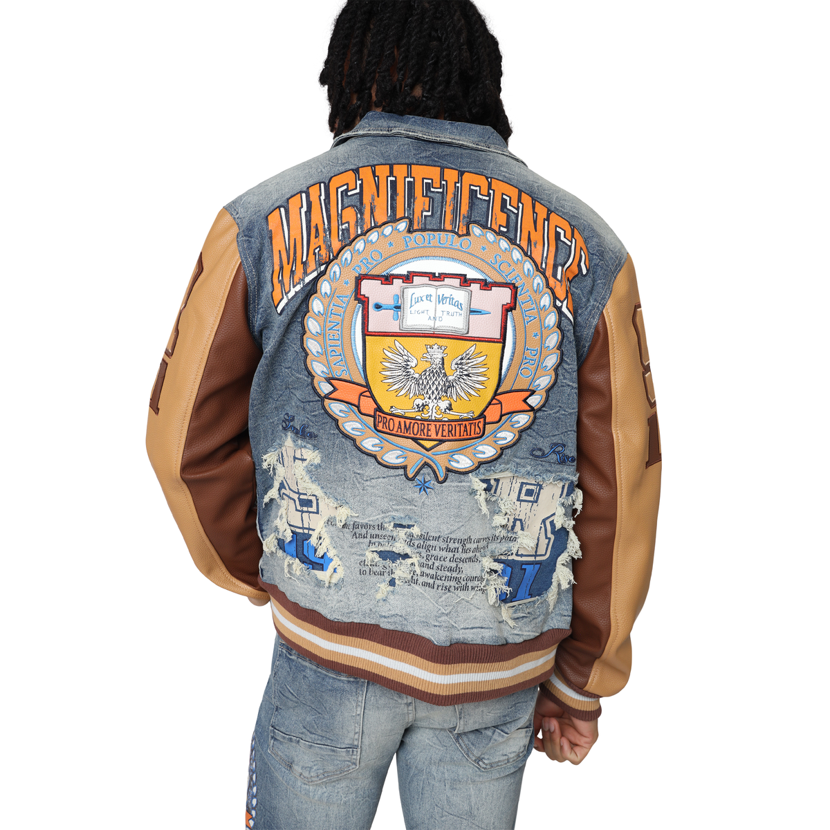 MENS SMOKE RISE MAGNIFICENCE DENIM VARSITY JACKET (HEARST BLUE)