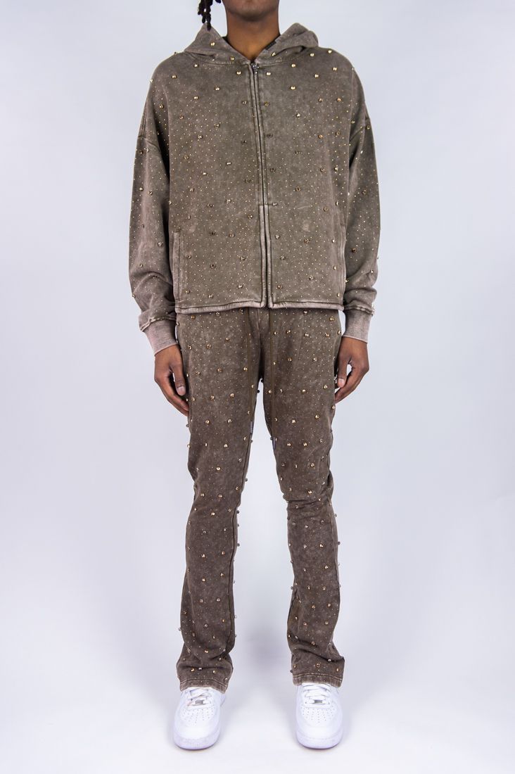 MENS R3BEL DENIM F.TERRY DIAMOND FULL-ZIP WARMUP (BROWN)