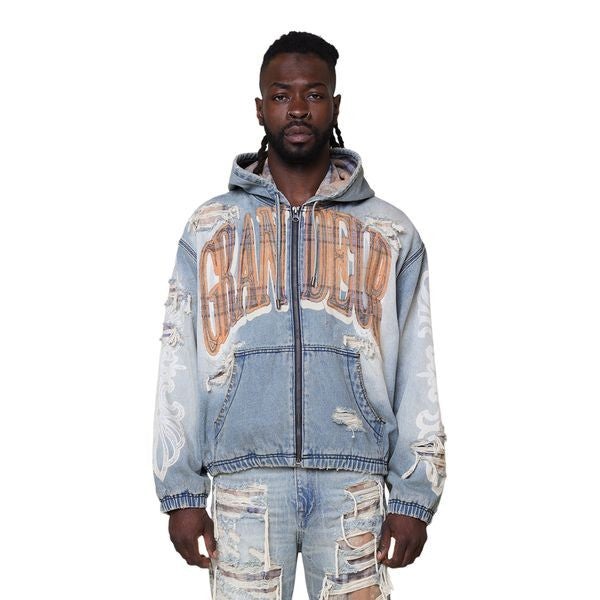 MENS SMOKE RISE GRANDEUR PLAID DENIM JACKET (MUNICH BLUE)