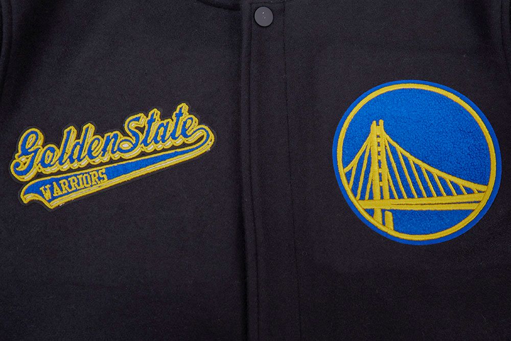 MENS GOLDEN STATE WARRIORS SCRIPT TAIL RIB WOOL VARSITY JACKET (BLACK/ROYAL BLUE)