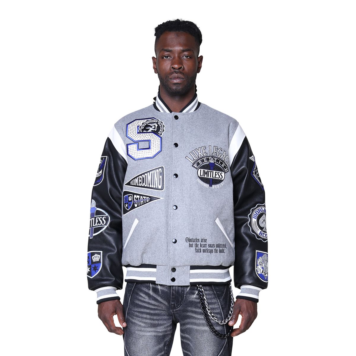 MENS SMOKE RISE LUXE LEGACY WOOL VARSITY JACKET (HEATHER GREY)