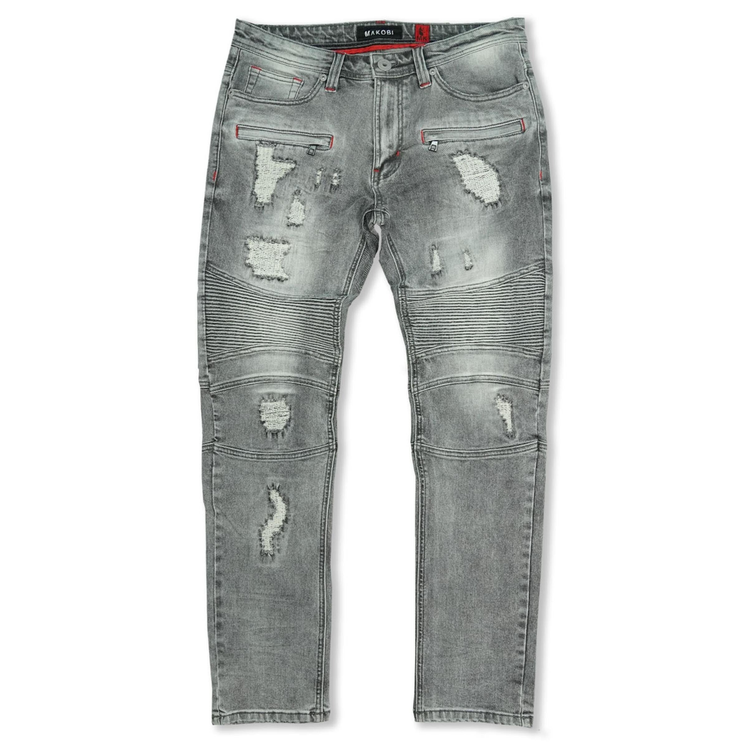MEN'S MAKOBI PRADO BIKER JEANS WITH RIP & REPAIR (GREY)