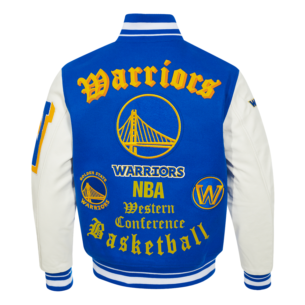 MENS GOLDEN STATE WARRIORS OLD ENGLISH RIB WOOL VARSITY JACKET (ROYAL BLUE/WHITE)