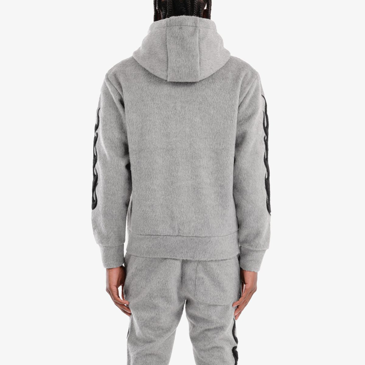 MENS COPPER RIVET MOHAIR PEARL EMBROIDERY FULL ZIP HOODED WARMUP (GREY/BLACK)