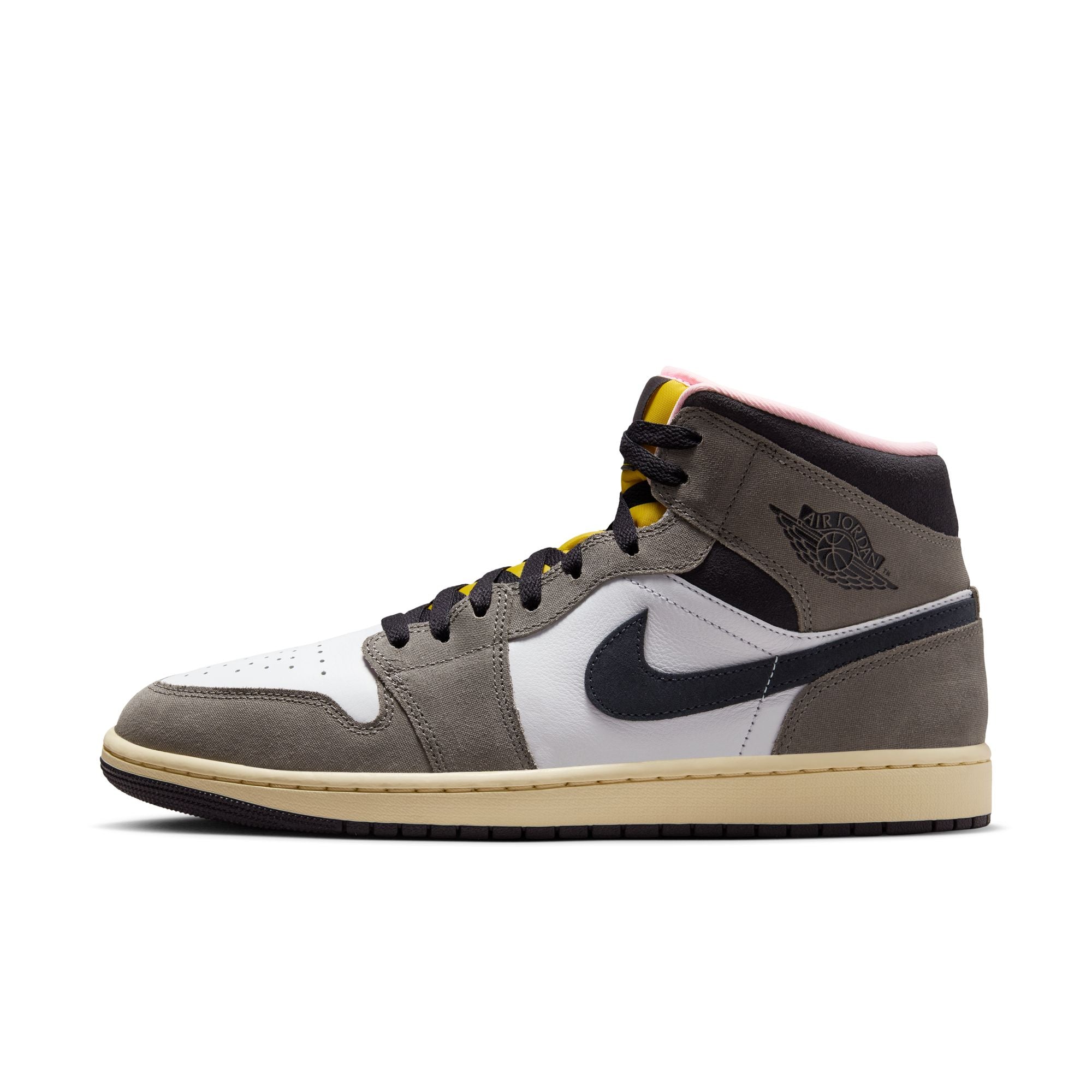 MENS AIR JORDAN 1 MID SE (WHITE/OIL GREY/CAVE STONE/DARK SULFUR)