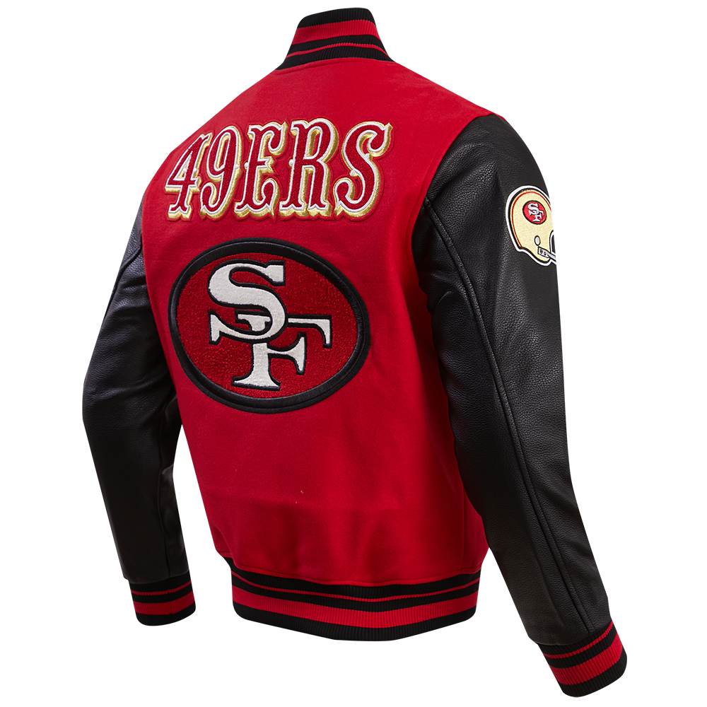 MENS SAN FRANCISCO 49ERS RETRO CLASSIC RIB WOOL VARSITY JACKET (RED/BLACK)