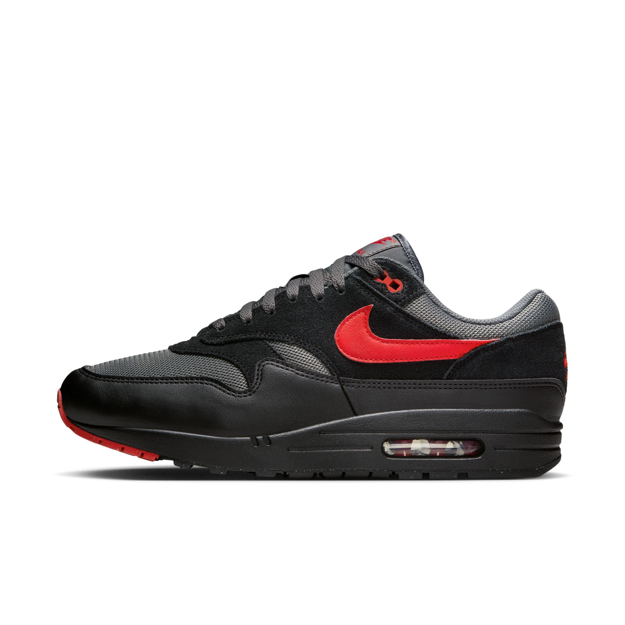 MENS NIKE AIR MAX 1 ESSENTIAL (BLACK/UNIVERSITY RED/IRON GREY)