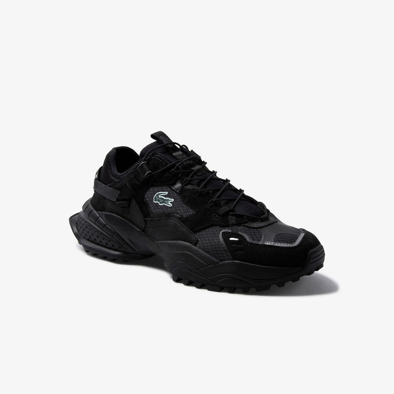 MEN'S LACOSTE L-GUARD BREAKER TEXTILE AND SUEDE TRAINERS (BLACK/BLACK)