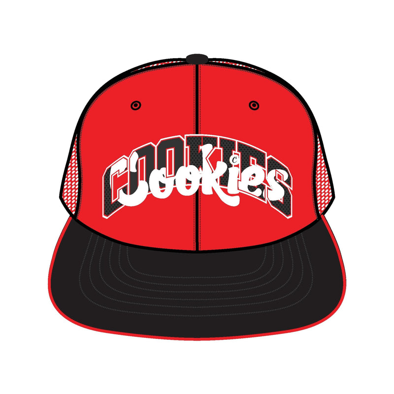 LOUD PACK COTTON CANVAS / MESH COLOR-BLOCKED TRUCKER HAT W/ DOUBLE RAISED "COOKIES" EMBROIDERY & PIPING BILL DETAIL (RED)