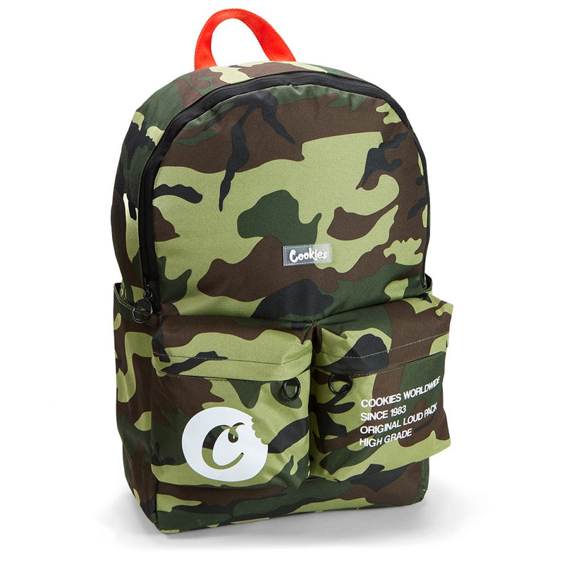 ORION CANVAS NYLON "SMELL PROOF" BACKPACK W/ PRINT & RUBBER LOGO (GREEN CAMO)