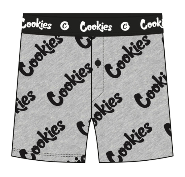 COOKIES REPEATED PRINT ELASTIC WAISTBAND BUTTON FLY COTTON BOXER BRIEFS (GREY)