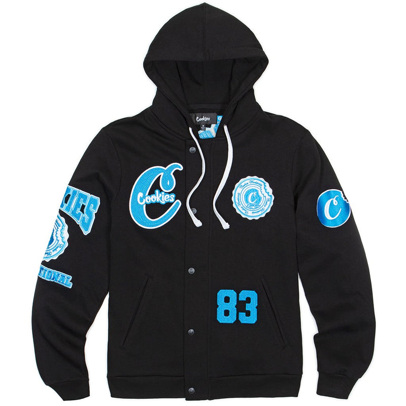 DOUBLE UP FLEECE SNAP-FRONT HOODY W/ RAISED VINTAGE CHAINSTITCH COOKIES LOGO EMBROIDERIES (BLACK)