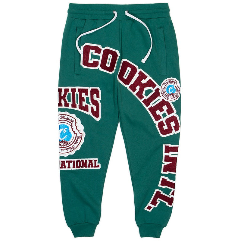 DOUBLE UP FLEECE ZIPPER POCKETS SWEATPANT W/ RAISED VINTAGE CHAINSTITCH COOKIES LOGO EMBROIDERIES (FOREST GREEN)