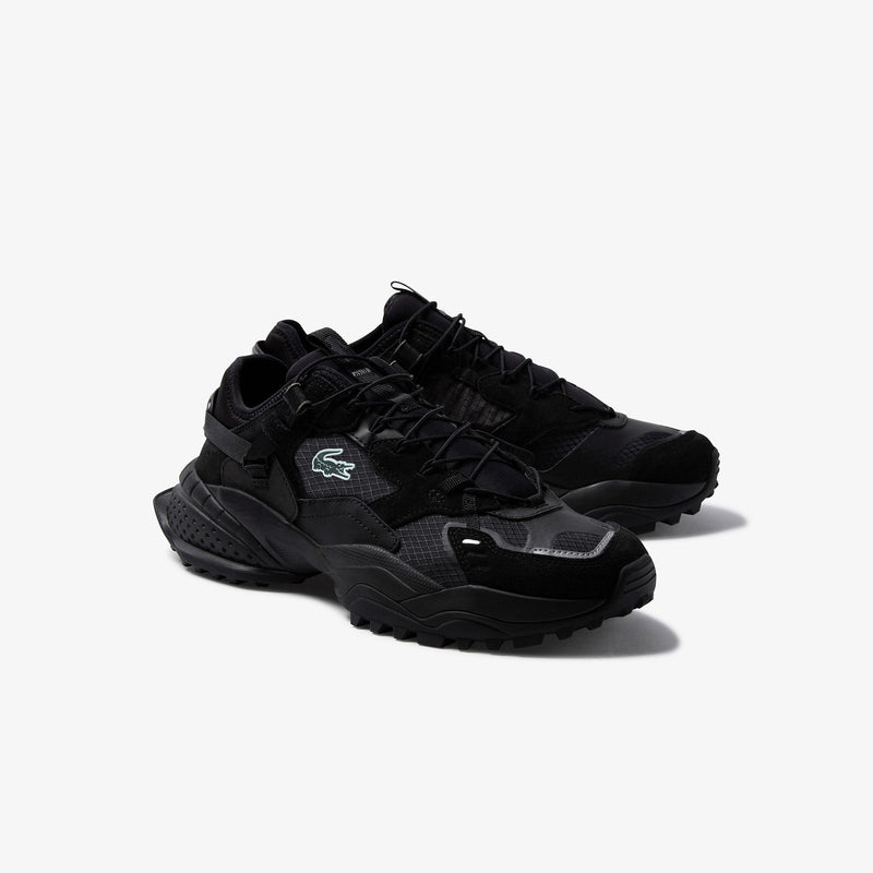 MEN'S LACOSTE L-GUARD BREAKER TEXTILE AND SUEDE TRAINERS (BLACK/BLACK)
