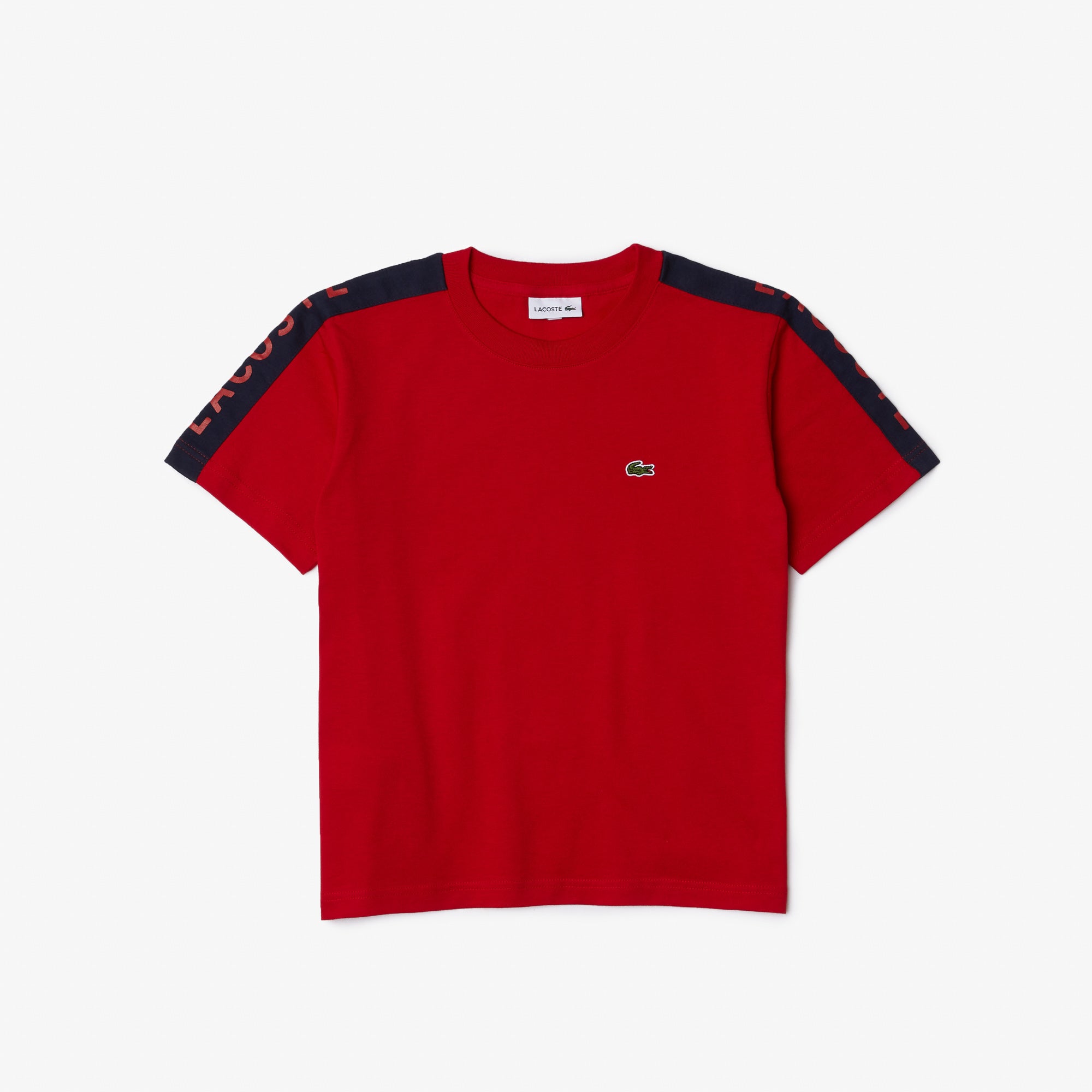 KID'S LACOSTE CREW NECK LETTERED BANDS COTTON T-SHIRT (RED/NAVY)