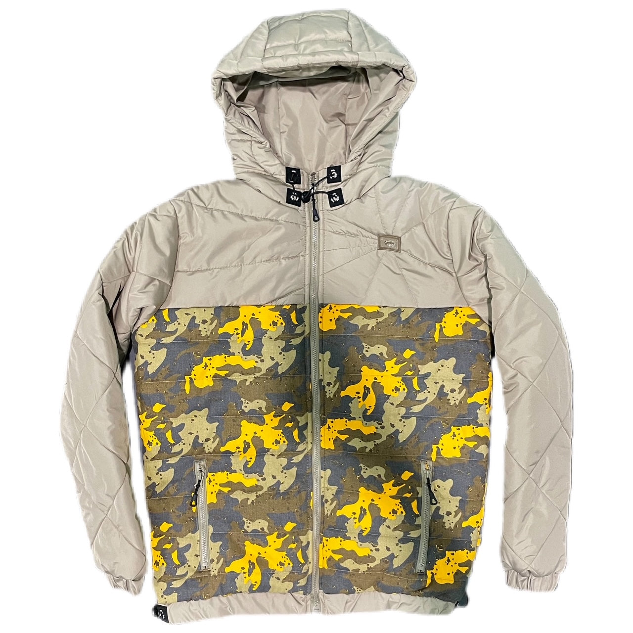 MENDOCINO QUILTED NYLON HOODED JACKET W/ CAMO PRINTED CANVAS (MOCHA)