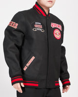 MENS SAN FRANCISCO 49ERS CREST EMBLEM RIB WOOL VARSITY JACKET (BLACK/RED)