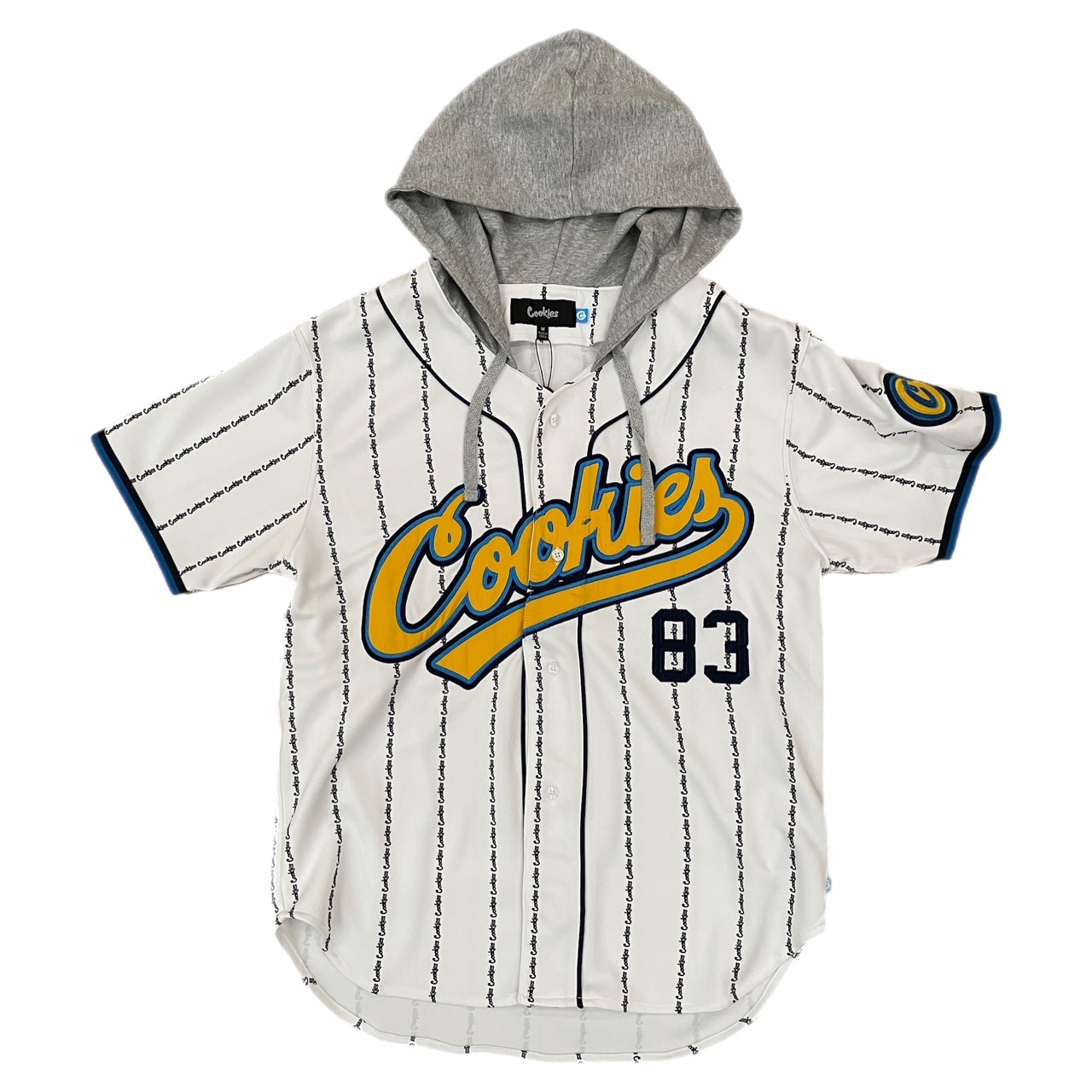 PUTTIN IN WORK POLY PERFORMANCE BLEND KNIT HOODED BASEBALL JERSEY W/ CUSTOM COOKIES PINSTRIPES, TRI-COLOR RIBBING & TACKLE TWILL LOGO APPLIQUÉ (WHITE)