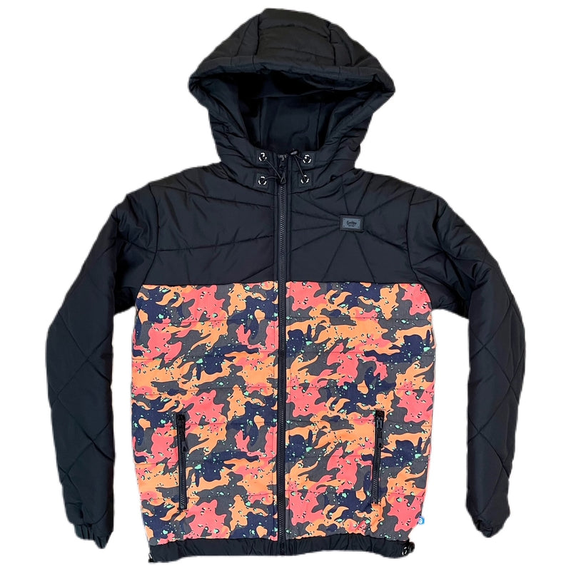 MENDOCINO QUILTED NYLON HOODED JACKET W/ CAMO PRINTED CANVAS (BLACK)