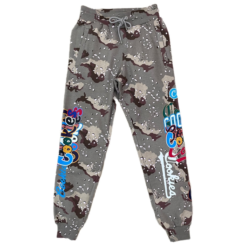 INFAMOUS FLEECE ZIPPER POCKETS SWEATPANT W/ APPLIQUÉ AND PRINTED COOKIES LOGOS  (DESERT CAMO)