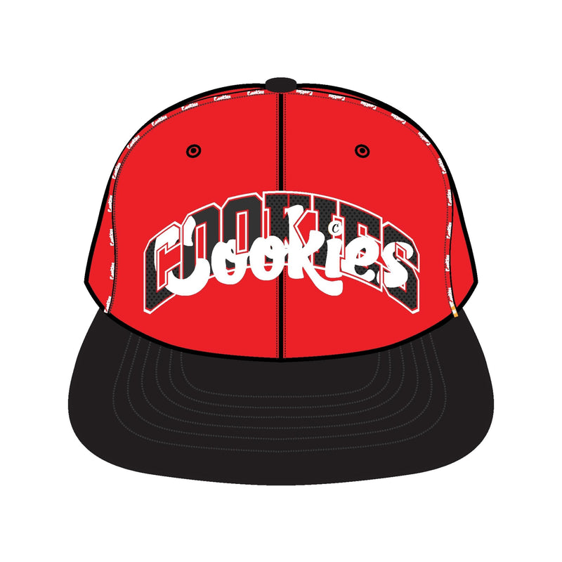 LOUD PACK TWILL COLOR-BLOCKED SNAPBACK CAP W/ DOUBLE RAISED "COOKIES" EMBROIDERY & CONTRAST PIPING DETAIL (RED)