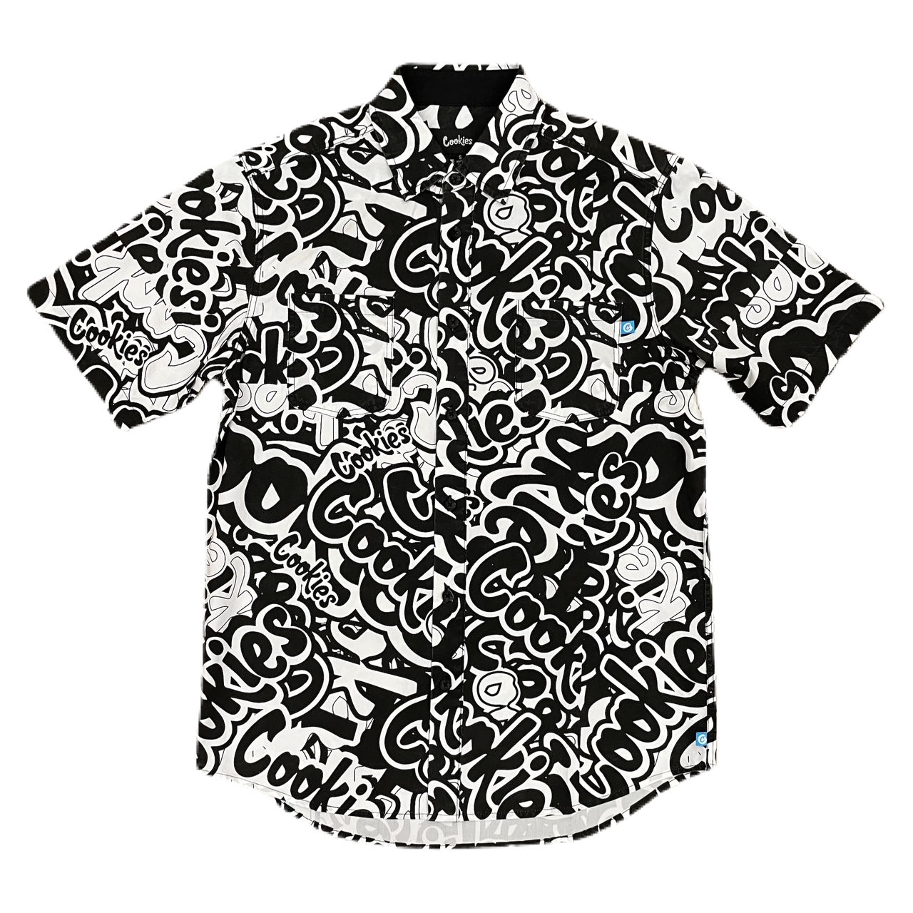 STACK IT UP COTTON POPLIN ALL-OVER PRINT S/S BUTTON DOWN WOVEN SHIRT (Black/White)