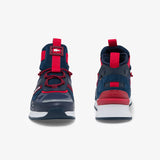 MEN'S LACOSTE RUN BREAKER TEXTILE AND LEATHER TRAINER (NAVY/RED)