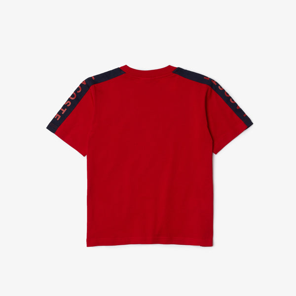 KID'S LACOSTE CREW NECK LETTERED BANDS COTTON T-SHIRT (RED/NAVY)