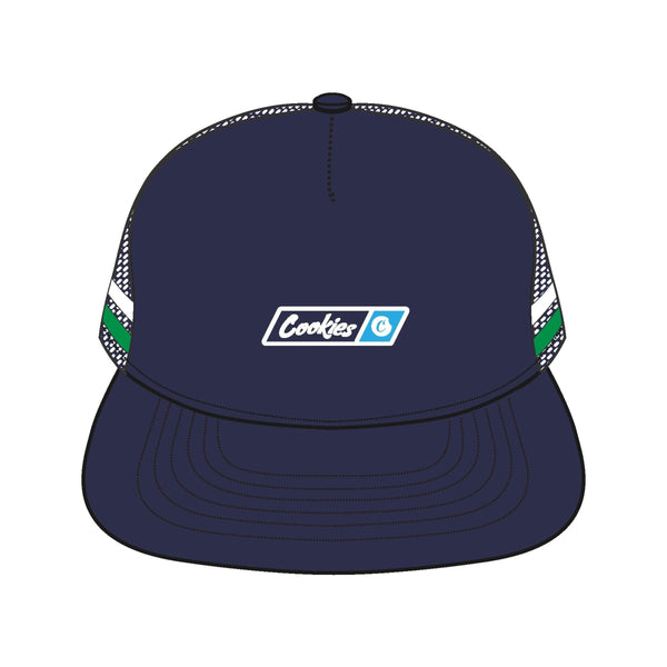 BAL HARBOR TWILL / MESH TRUCKER HAT W/ 2-TONE TAPING & RUBBER "COOKIES" LOGO PATCH (NAVY)