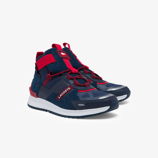 MEN'S LACOSTE RUN BREAKER TEXTILE AND LEATHER TRAINER (NAVY/RED)